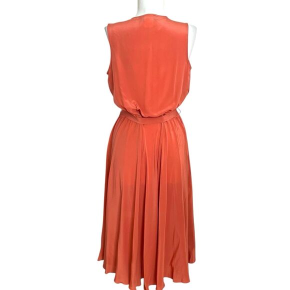 Vintage 90s Silk Midi Dress 8 Coral Fit & Flare Minimalist Wedding Office Retro - Picture 3 of 10